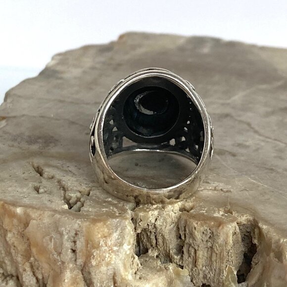 Sterling Silver 925 Chunky Oval Black Onyx Cab Pierced Scrollwork Ring Sz 6.5 - Picture 7 of 16